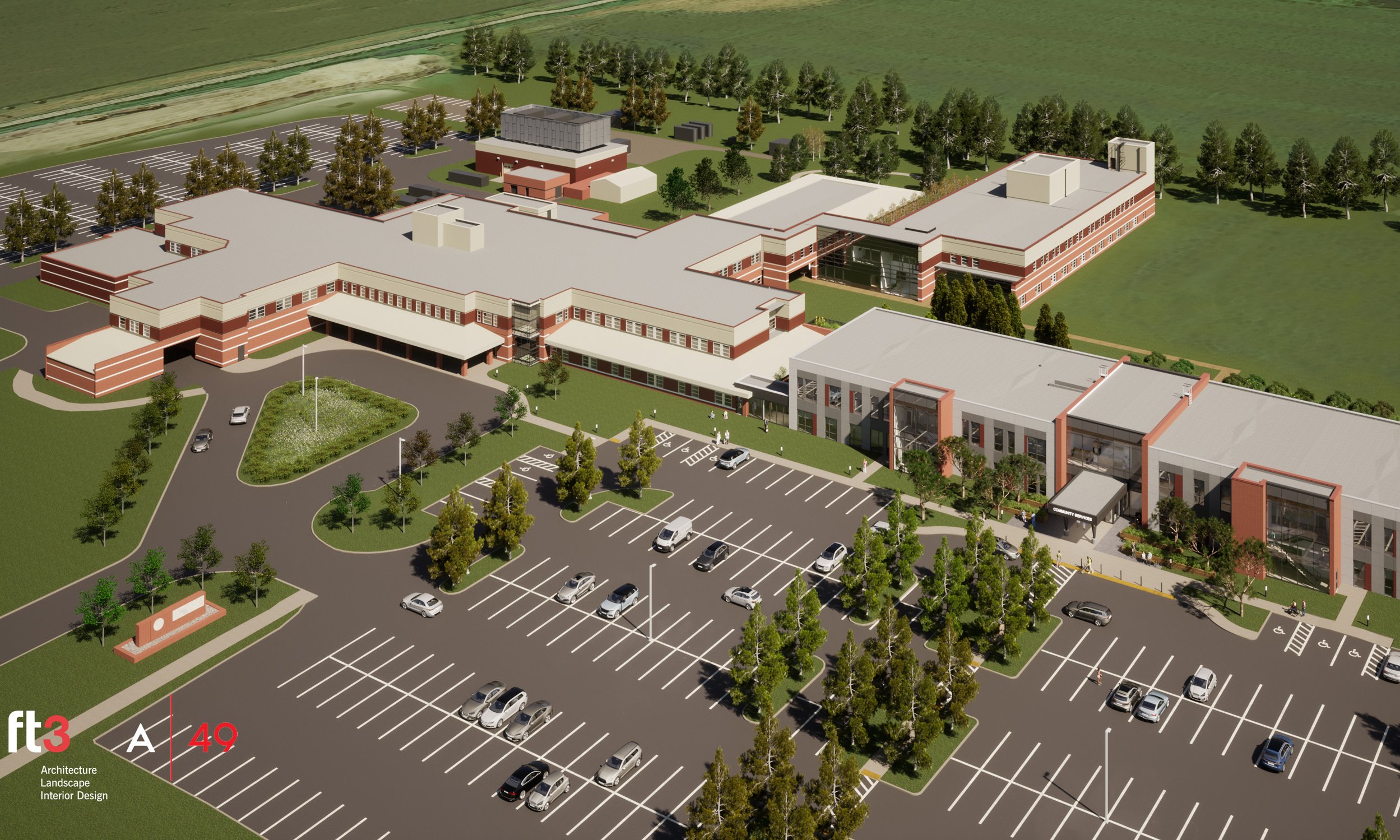 Aerial rendering of rural hospital
